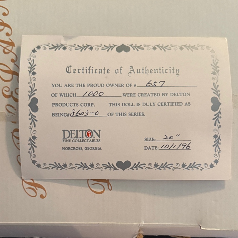Delton Collectible Doll Certificate